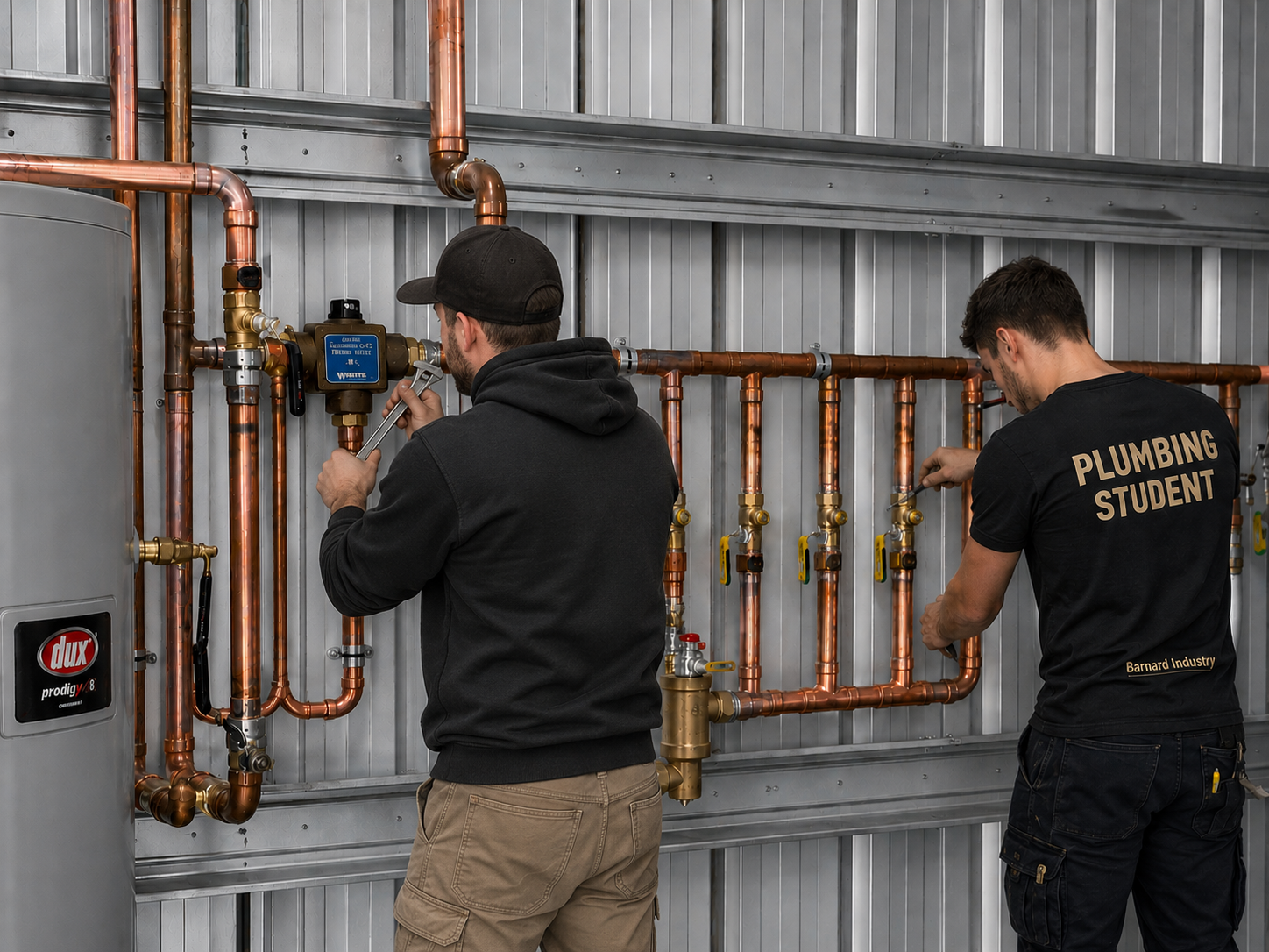 Barnard Industry plumbers installing copper pipework and a geyser manifold