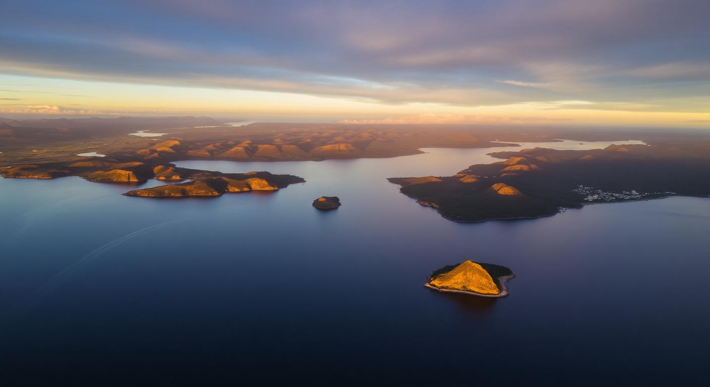 Aerial view of the Knysna lagoon and Garden Route at golden hour
