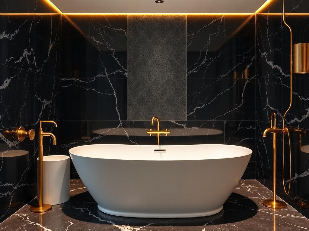 Finished luxury bathroom with freestanding bath and gold fixtures