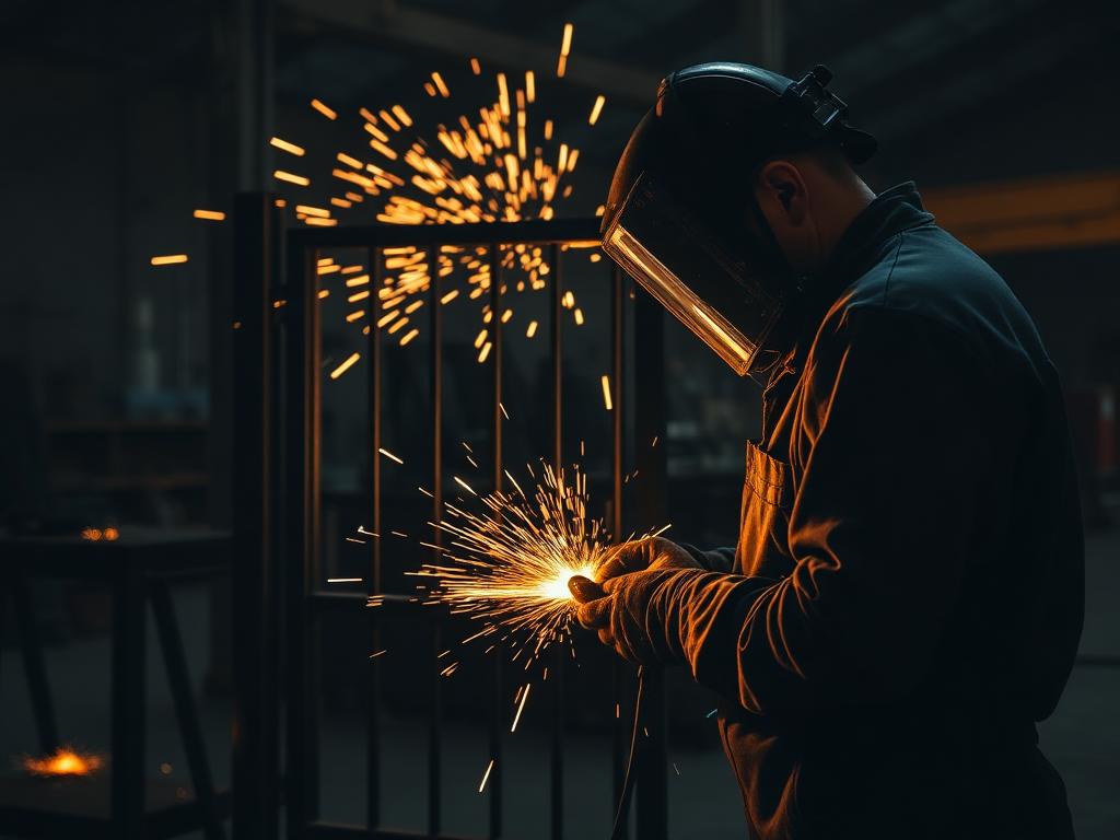 Welder fabricating a custom steel gate